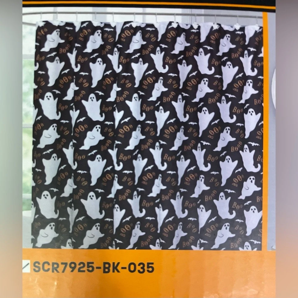 13-pc Halloween Fabric Shower Curtain Set w/12 Ghost Hooks Black White NEW NWT